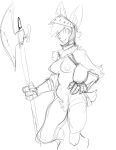  2021 anthro armor breasts female fur guoh halberd holding_object holding_weapon lagomorph leporid mammal melee_weapon monochrome mostly_nude nipples polearm rabbit simple_background sketch solo weapon white_background 