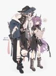  1boy 1girl arknights blue_hair boots chinese_clothes coat demon_girl demon_horns glasses hat highres horns looking_at_another mr._nothing_(arknights) multicolored_hair pants purgatory_(arknights) purple_hair short_hair skirt thurim6 torn_clothes torn_skirt 