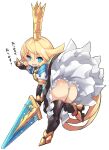  1girl :d ass blonde_hair blue_eyes charlotta_fenia commentary_request crown dress eyebrows_visible_through_hair from_behind full_body gauntlets granblue_fantasy hair_between_eyes highres holding holding_sword holding_weapon karukan_(monjya) long_hair looking_at_viewer open_mouth simple_background smile solo sword teeth thighhighs translation_request upper_teeth very_long_hair weapon white_background 