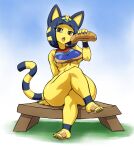 2021 animal_crossing ankha_(animal_crossing) anthro bench blue_background blue_hair blue_nails bottomless breasts clothed clothing colored_nails crossed_legs domestic_cat eating eyelashes fangs felid feline felis female food footwear fur gradient_background grass hair hi_res jadf mammal nails nintendo open_mouth plant sandals sandwich_(food) short_hair simple_background sitting solo striped_tail stripes tongue tongue_out under_boob uraeus video_games white_background yellow_body yellow_eyes yellow_fur 