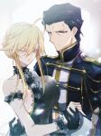  1boy 1girl agravain_(fate) ahoge aiguillette arm_cuffs artoria_pendragon_(all) artoria_pendragon_(lancer)_(fate) aunt_and_niece bangs black_dress black_eyes black_gloves black_hair blonde_hair braid dress epaulettes eyebrows_visible_through_hair fate/grand_order fate_(series) french_braid frilled_cuffs frilled_dress frills gloves green_eyes hair_slicked_back high_collar highres holding_hands military military_jacket nogi_(acclima) parted_lips sidelocks sleeveless sleeveless_dress upper_teeth wrist_cuffs 