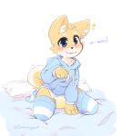  anthro bed bedding blanket blush bodily_fluids canid canine canis clothing diaper domestic_dog dreamyart furniture genital_fluids hi_res hoodie kneeling legwear looking_at_viewer male mammal one_hand_up pillow smile solo thigh_highs topwear urine wet_diaper wetting 