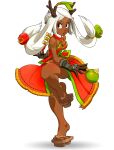  1girl antlers bare_legs bell black_eyes breasts brown_gloves character_request choker cleavage dark_skin dark_skinned_female dofus dress english_commentary freckles full_body geta gloves hair_ornament highres inktober long_hair long_skirt medium_breasts multicolored multicolored_clothes multicolored_dress neck_bell pac-man_eyes red_choker running showgirl_skirt skirt studded_gloves toes twintails wakfu white_hair xfiro 