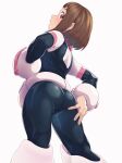  1girl ass black_bodysuit blush bodysuit boku_no_hero_academia brown_eyes brown_hair commentary cowboy_shot eyelashes from_behind from_below hand_on_own_ass highres kobaji looking_at_viewer looking_back looking_down open_mouth short_hair simple_background skin_tight solo uraraka_ochako white_background 
