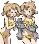  2girls absurdres blonde_hair blush breasts closed_eyes grey_hoodie groin highres hood hoodie medium_breasts multiple_girls navel oonamuamidabutu scar senki_zesshou_symphogear sketch smile sweatdrop swimsuit swimsuit_skirt swimsuit_under_clothes tachibana_hibiki_(symphogear) thigh_gap white_background 