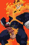  1boy bar_censor bara beard blue_bodysuit bodysuit boku_no_hero_academia censored covered_abs cowboy_shot erection facial_hair fire grin highres kirupi large_pectorals legs_apart looking_at_viewer male_focus mature_male muscular muscular_male outstretched_arms penis scar scar_across_eye short_hair sideburns skin_tight smile solo spiked_hair spread_arms todoroki_enji veins veiny_penis 