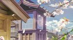  absurdres architecture blue_sky blurry blurry_foreground building cherry_blossoms clock cloud commentary_request east_asian_architecture flower highres kamo_nasus. lamppost leaf no_humans original outdoors petals railing scenery sky spring_(season) tree_branch utility_pole 