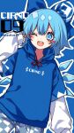  (9) 1girl alternate_costume bangs blue_background blue_bow blue_eyes blue_hair blue_hoodie blue_legwear bow character_name checkered checkered_legwear cirno clothes_writing contemporary diamond-shaped_pupils diamond_(shape) eyebrows_visible_through_hair hair_bow heart highres hood hoodie ice ice_wings kyouda_suzuka long_sleeves looking_at_viewer multicolored multicolored_clothes multicolored_legwear one_eye_closed open_mouth outline red_ribbon ribbon short_hair simple_background smile solo standing sweater symbol-shaped_pupils touhou twitter_username white_legwear white_outline white_sweater wide_sleeves wings 