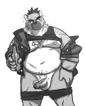  2021 absurd_res anthro balls belly blush bottomwear canid canine canis clothing domestic_dog drunk genitals hi_res kamudragon male mammal moobs nipples overweight overweight_anthro overweight_male penis scar shirt shorts simple_background solo substance_intoxication tokyo_afterschool_summoners topwear video_games white_background yasuyori 