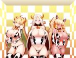  3girls absurdres ahoge animal_print bangs bell bikini blonde_hair blue_eyes blush breasts cerestia_of_life check_commentary circlet cleavage commentary_request cow_horns cow_print cowbell dark_elf dark_elven_forest_ranger dark_skin ear_tag elf elven_forest_maker embarrassed green_eyes hair_between_eyes highres horns huge_breasts last_origin long_hair long_pointy_ears multiple_girls neck_bell orangegoon placard pointy_ears purple_eyes sign smile swimsuit thighhighs twintails two_side_up very_long_hair 