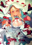  1girl bangs blonde_hair breasts cleavage cleavage_cutout clothing_cutout commentary_request dark_elf dark_skin dark_skinned_female elf garter_straps grin heart highres hololive long_hair looking_at_viewer multicolored_hair orange_eyes pointy_ears red_heart shiranui_flare smile solo teeth thighhighs virtual_youtuber white_hair white_legwear yomosaka 