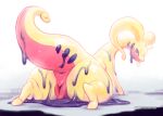  abstract_background all_fours animal_genitalia animal_pussy anus canine_pussy eyelashes female genitals glistening glistening_body glistening_skin goodra looking_at_viewer looking_back nintendo pear-shaped_figure pink_body pok&eacute;mon pok&eacute;mon_(species) purple_eyes pussy shiny_pok&eacute;mon slime solo spottyjaguar thick_tail thick_thighs video_games wide_hips yellow_body 