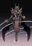  1girl absurdres armor black_cape blonde_hair cape character_request crossed_legs energy_weapon energy_whip full_armor highres holding holding_sword holding_weapon holding_whip horns korean_commentary last_origin looking_at_viewer open_hand science_fiction solo spikes sword tajyador walking weapon white_eyes 