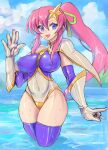  1girl \n/ adapted_costume bangs breasts capelet covered_navel covered_nipples eyebrows_visible_through_hair floating_hair gloves gundam gundam_seed gundam_seed_destiny hair_ornament highres large_breasts long_hair meer_campbell ocean one-piece_swimsuit oomasa_teikoku open_mouth pink_hair ponytail skindentation solo star_(symbol) star_hair_ornament swimsuit thick_thighs thighhighs thighs water waving wet white_gloves 