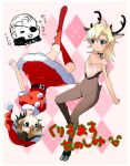  1boy 2girls animal_costume animal_ears antlers belt blonde_hair brown_hair christmas daitabashi_kinu deer_ears dog_tags eyepatch genderswap genderswap_(mtf) green_eyes hat kneehighs liquid_snake medium_hair metal_gear_(series) metal_gear_solid metal_gear_solid_2 multiple_girls reindeer_antlers reindeer_costume santa_hat solid_snake solidus_snake tattoo upside-down 