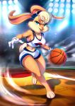  2021 3_toes 4_fingers anthro ball barefoot basketball basketball_(ball) basketball_uniform blonde_hair bodily_fluids bottomwear breasts cleavage clothed clothing cloudxmoe feet female fingers fur gloves green_eyes hair handwear hi_res lagomorph lola_bunny looney_tunes mammal navel open_mouth shorts side_boob signature solo sportswear sweat toes tongue uniform warner_brothers 