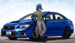  2021 absurd_res anthro bottomwear car clothing crossed_legs gradient_background hi_res male mammal mykegreywolf pants shirt simple_background solo sparkles subaru subaru_wrx_sti teeth topwear vehicle 