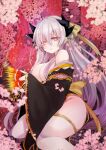  1girl bangs black_horns bow cherry_blossoms dragon_girl eyebrows_visible_through_hair fan fate/grand_order fate_(series) glowing glowing_eyes hair_between_eyes hair_bow highres holding holding_fan horns japanese_clothes kimono kiyohime_(fate) long_hair looking_at_viewer mamemix open_clothes open_kimono reclining red_eyes smile solo thick_thighs thighhighs thighs tree white_hair white_legwear wide_sleeves yellow_bow 
