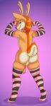  2021 anthro balls biped butt cervid clothing digital_media_(artwork) flexing flexing_bicep flexing_muscles fur genitals grin grumpy_griffin_creations hair hi_res legwear looking_at_viewer looking_back male mammal nude penis pose presenting raised_tail rear_view simple_background smile solo standing thigh_highs 