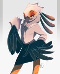  accipitriform aggressive_retsuko anthro avian bird bottomwear clothing eyes_closed feathers female hands_on_hips hi_res holding_object jaykitten sanrio secretary_bird secretary_washimi signature simple_background skirt solo wings 