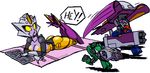  ass autobot breasts cleavage decepticon jolt_(transformers) large_breasts lowres magazine mecha minicon missile_pod no_humans reverb robot six-speed sunbathing theft thunderblast towel transformers yellow_eyes 