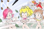  1boy 3girls ^_^ artist_request basketball blonde_hair blue_eyes blush breasts brown_hair covering covering_breasts crossover crown daisy dunk earrings eyes_closed final_fantasy jewelry mario_(series) mario_hoops_3_on_3 multiple_girls ninja nintendo nude nude_cover outdoors peach pink_hair princess princess_daisy princess_peach pussy sky super_mario_bros. super_mario_land sweatdrop torn_clothes uncensored white_mage 