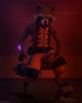  2018 3d_(artwork) anthro averyhyena balls big_penis claws clothed clothing digital_media_(artwork) erection fur glowing guardians_of_the_galaxy hindpaw humanoid_penis male marvel paws penis penis_through_fly poking_out raccoon rocket_raccoon solo source_filmmaker text toe_claws video_games 