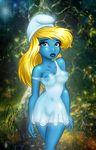  blonde_hair blue_eyes breasts colorful curve enigmawing female hair hat long_hair looking_at_viewer navel nipples outside smurf smurfette solo the_smurfs translucent transparent_clothing 