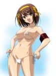  armband bangs bikini breasts brown_eyes brown_hair cameltoe hair_ribbon hairband kotobuki_hajime large_breasts micro_bikini navel open_mouth orange_hairband ribbon short_hair side-tie_bikini solo suzumiya_haruhi suzumiya_haruhi_no_yuuutsu swimsuit 