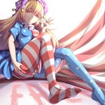  1girl absurdres american_flag_dress american_flag_legwear ass ass_grab bad_feet blonde_hair boqee breasts closed_mouth clownpiece dress fellatio_gesture grabbing_own_ass hat highres jester_cap knees_up licking_lips light_smile long_hair looking_at_viewer neck_ruff no_wings pantyhose polka_dot purple_headwear red_eyes short_sleeves simple_background sitting small_breasts solo star_(symbol) star_print striped tongue tongue_out touhou very_long_hair white_background 