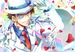  1boy adjusting_clothes adjusting_headwear arm_up bangs blue_eyes blue_shirt brown_hair cape card club_(shape) collared_shirt commentary_request dress_shirt english_text falling_card falling_petals formal gloves grin hair_between_eyes hat heart jacket joker_(card) kaitou_kid kaya_(hydego) long_sleeves looking_at_viewer magic_kaito male_focus meitantei_conan monocle monocle_chain multicolored multicolored_background necktie number petals playing_card red_neckwear seven_of_hearts shirt short_hair smile solo suit teeth three_of_clubs top_hat upper_body white_cape white_gloves white_headwear white_jacket white_suit 