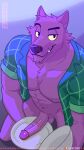  abs anthro bernard_(ok_k.o.!_lbh) canid canine cartoon_network chicobo erection fur genitals humanoid_genitalia humanoid_penis looking_at_viewer male mammal muscular muscular_male nipples ok_k.o.!_let&#039;s_be_heroes pecs penis purple_body purple_fur smile were werecanid werecanine werewolf 