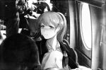  1girl bangs bitchcraft123 biting breasts cleavage crying eyebrows_visible_through_hair greyscale intrepid_(kancolle) kantai_collection large_breasts lip_biting long_hair monochrome open_clothes open_shirt photo_background ponytail shirt solo_focus vehicle_interior vietnam_war 