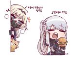  2girls @_@ ak-12_(girls_frontline) an-94_(girls_frontline) bangs black_gloves blonde_hair braid cat chibi closed_eyes eyebrows_visible_through_hair food french_braid girls_frontline gloves green_eyes hamburger heart highres long_hair long_sleeves looking_at_another multiple_girls noonnoon531 open_mouth partially_fingerless_gloves respirator silver_hair simple_background translation_request upper_teeth white_background 