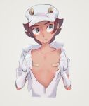 1boy aether_foundation_employee bandaid bandaids_on_nipples blurry blush brown_hair closed_mouth collarbone commentary_request dark_skin frown gloves grey_eyes hat highres komurapk looking_away male_focus pasties pokemon pokemon_(game) pokemon_sm short_hair short_sleeves sketch solo white_gloves white_headwear 