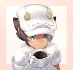  1boy aether_foundation_employee blush brown_hair closed_mouth cup from_above gloves grey_eyes hat holding holding_cup komurapk liquid looking_at_viewer male_focus mug pokemon pokemon_(game) pokemon_sm short_hair short_sleeves solo steam white_gloves white_headwear 