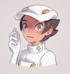  1boy aether_foundation_employee blurry blush brown_hair gloves grey_background grey_eyes hand_up hat komurapk looking_at_viewer male_focus parted_lips pokemon pokemon_(game) pokemon_sm short_hair solo sweat turtleneck upper_body white_gloves white_headwear 