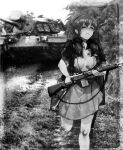  1girl bangs bitchcraft123 closed_eyes flight_deck greyscale ground_vehicle gun holding holding_gun holding_weapon intrepid_(kancolle) kantai_collection m1903_springfield military military_vehicle monochrome motor_vehicle neck_pillow open_clothes open_shirt photo_background ponytail running shirt short_sleeves skirt solo sweat tank vietnam_war weapon 
