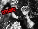  1girl bangs bitchcraft123 blur_censor censored dirty eyebrows_visible_through_hair greyscale holding intrepid_(kancolle) kantai_collection monochrome open_clothes open_shirt outdoors photo_background ponytail shirt short_sleeves smile solo torn_clothes upper_body vietnam_war 