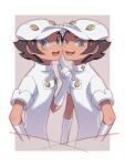  2boys aether_foundation_employee blush brown_hair commentary_request gloves grey_eyes half-closed_eye hat highres index_finger_raised komurapk looking_at_viewer male_focus multiple_boys open_mouth pokemon pokemon_(game) pokemon_sm short_hair short_sleeves smile teeth tongue upper_body white_gloves white_headwear 