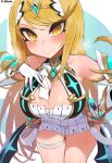  bangs bare_legs bare_shoulders blonde_hair breasts chest_jewel cleavage_cutout clothing_cutout dress earrings elbow_gloves gloves highres jewelry jtveemo large_breasts letter long_hair mythra_(xenoblade) short_dress super_smash_bros. swept_bangs thigh_strap tiara very_long_hair white_dress white_gloves xenoblade_chronicles_(series) xenoblade_chronicles_2 yellow_eyes 