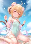  1girl ahoge andira_(granblue_fantasy) animal_ears barefoot blonde_hair blue_sky blush closed_mouth cloud covered_navel day double_bun erune eyebrows_visible_through_hair granblue_fantasy highres kimblee looking_at_viewer monkey_ears monkey_tail ocean one-piece_swimsuit petals red_eyes sitting sky smile solo swimsuit tail wet 