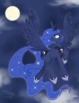 2016 absurd_res akainu7 blue_eyes blue_hair cloud cutie_mark equid equine feathered_wings feathers female feral flying friendship_is_magic full_moon hair hi_res horn long_hair mammal moon my_little_pony night princess_luna_(mlp) solo sparkles winged_unicorn wings 