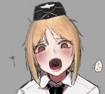  1girl ? akitaka_takaaki black_headwear black_neckwear blonde_hair brown_eyes commentary_request girls_frontline grey_background hat highres looking_at_viewer military_hat mp40_(girls_frontline) necktie open_mouth portrait shirt short_hair simple_background solo spoken_question_mark teeth thought_bubble tongue uvula white_shirt 