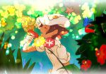  1boy aether_foundation_employee blush brown_hair closed_eyes comfey flower from_side gen_7_pokemon gloves hat komurapk male_focus open_mouth pokemon pokemon_(creature) pokemon_(game) pokemon_sm red_flower short_hair short_sleeves smile white_flower white_gloves white_headwear yellow_flower 