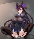  1girl arms_behind_back black_dress black_legwear black_panties blush breasts breath brown_hair clitoris closed_mouth collar commentary corset curly_hair double_bun dress english_commentary eyebrows_visible_through_hair fate/grand_order fate_(series) female_pubic_hair floating_hair frilled_collar frilled_dress frills full_body garter_straps gem hair_bobbles hair_cones hair_ornament heavy_breathing jewelry jjanda lace-trimmed_legwear lace-trimmed_panties lace_trim large_breasts lips long_hair long_sleeves looking_at_viewer mixed-language_commentary murasaki_shikibu_(fate) panties pubic_hair puffy_long_sleeves puffy_sleeves purple_eyes pussy see-through short_dress solo spread_legs squatting steaming_body sweat thighhighs thighs tiptoes underwear 