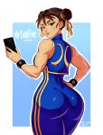  absurdres ass back bodysuit bracelet brown_hair cellphone china_dress chinese_clothes chun-li double_bun dress hair_ornament hair_ribbon highres jewelry phone ribbon selfie street_fighter street_fighter_zero_(series) vest video_game 