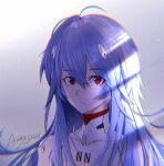  1girl ahoge alenx_kevin alternate_hair_length alternate_hairstyle ayanami_rei bangs blue_hair commentary_request evangelion:_3.0+1.0_thrice_upon_a_time eyebrows_visible_through_hair highres looking_at_viewer messy_hair neon_genesis_evangelion plugsuit rebuild_of_evangelion red_eyes shiny shiny_hair sidelocks signature solo spoilers upper_body 