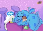  2021 anthro bed big_butt blue&#039;s_clues blue_(blue&#039;s_clues) blue_body blue_fur butt canid canine canis crayon curvy_figure dialogue digital_media_(artwork) domestic_dog duo english_text female female_on_human fur furniture hi_res huge_butt human human_on_anthro inkit89 interspecies male male/female male_on_anthro mammal micro nickelodeon nude simple_background smile steve_(blue&#039;s_clues) text thick_thighs voluptuous wide_hips 