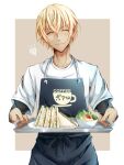  1boy ^_^ amuro_tooru apron bangs black_apron black_shirt blonde_hair border bowl brown_background closed_eyes closed_mouth clothes_writing commentary_request employee_uniform english_text eyebrows_visible_through_hair facing_viewer fingernails food giving hair_between_eyes happy holding holding_tray incoming_food kaya_(hydego) long_sleeves male_focus meitantei_conan outside_border plastic_wrap plate print_apron salad sandwich shirt short_hair short_over_long_sleeves short_sleeves simple_background smile solo standing tray uniform vegetable white_border white_shirt 
